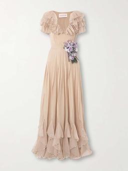 Belted ruffled embellished silk-georgette gown