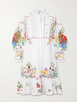 Ruffled embroidered cotton, linen and silk-blend dress