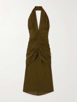 Ruched silk-crepe halterneck dress