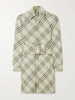 Belted checked linen-bend mini shirt dress