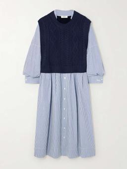 Caleb cable-knit merino wool and striped cotton-poplin midi dress