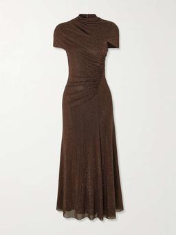 Crystal-embellished ruched cutout stretch-mesh midi dress