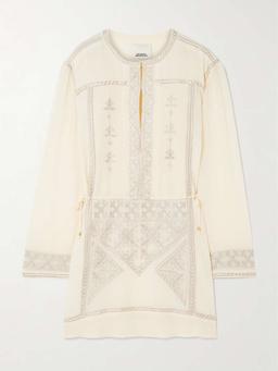 Oaria tie-detailed embroidered silk crepe de chine mini dress