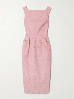 Embroidered appliquéd pleated canvas midi dress