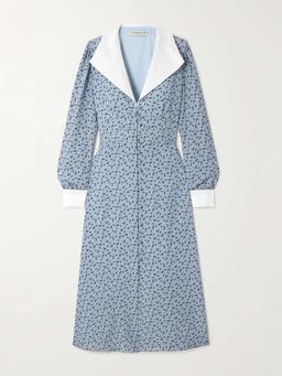 Mikado-trimmed floral-print silk-crepe de chine midi shirt dress