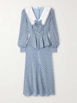 Envers lace and mikado-trimmed floral-print crepe de chine peplum midi dress