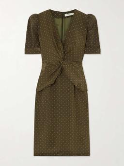 Twist-front gathered polka-dot silk midi dress