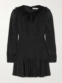 Ruffled velvet and tulle-trimmed floral-print silk crepe de chine mini dress