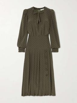 Bow-detailed polka-dot silk crepe de chine midi dress