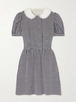 Lace-trimmed gingham silk-crepe mini dress
