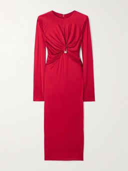 Embellished twist-front jersey midi dress