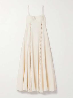 Catamaran Ventures crochet-trimmed embroidered linen midi dress
