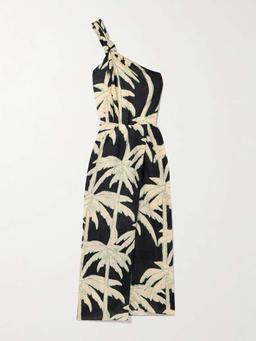Dark Palms one-shoulder printed linen wrap-effect midi dress