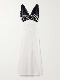Pavona two-tone crocheted cotton-trimmed twill maxi dress
