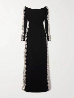 Charisma off-the-shoulder crystal-embellished crepe gown