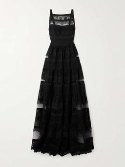 Tiered mesh and lace gown