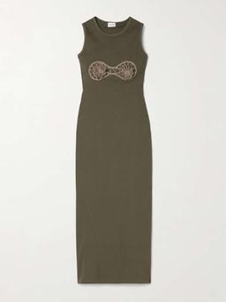 Crochet-trimmed ribbed cotton-blend jersey midi dress