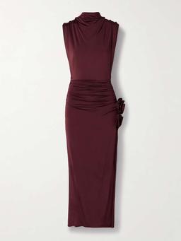 Appliquéd draped stretch-jersey midi dress