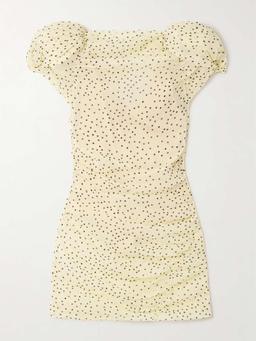 Ruched polka-dot silk-blend chiffon mini dress