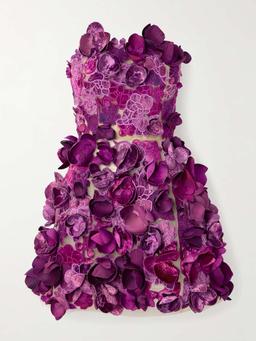 Strapless floral-appliquéd mesh mini dress