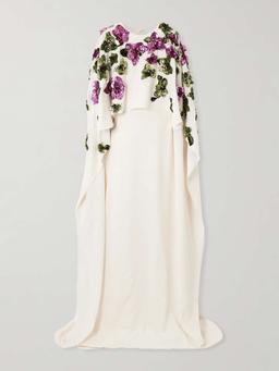 Cape-effect sequin-embellished stretch-silk georgette gown