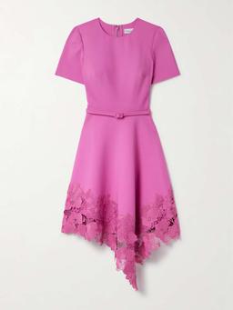 Belted asymmetric guipure lace-trimmed wool-blend dress