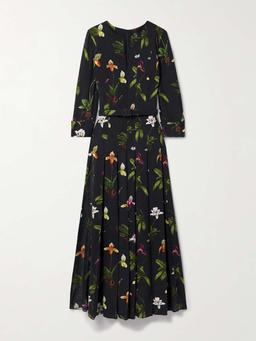 Belted pleated floral-print cady maxi dress
