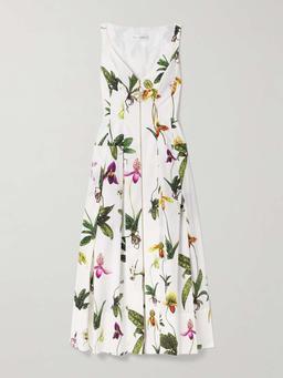 Pleated floral-print cotton-blend poplin midi dress