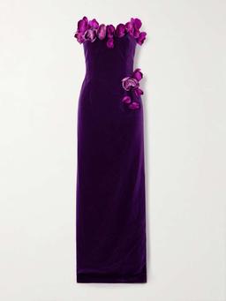 Strapless appliquéd cotton-velvet gown