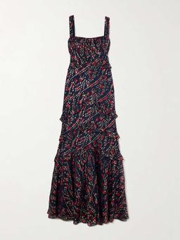 Chandra ruffled ruched metallic fil coupé silk-blend maxi dress