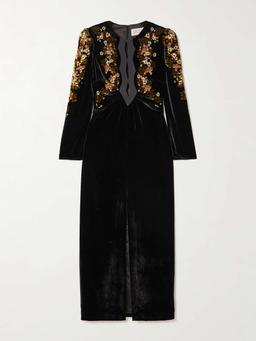 Jinx C silk-trimmed floral-print velvet midi dress