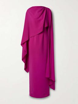 Demetria cape-effect pleated crepe gown