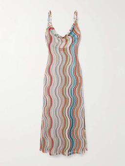 Draped metallic crochet-knit maxi dress