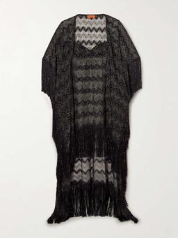 Mare fringed striped metallic crochet-knit kaftan