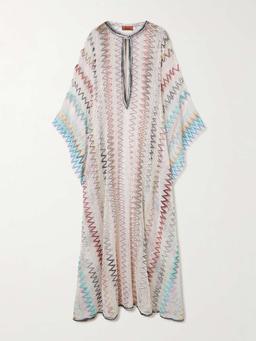 Sequined striped embroidered open-knit coverup