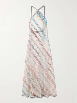 Mare striped metallic crochet-knit halterneck dress
