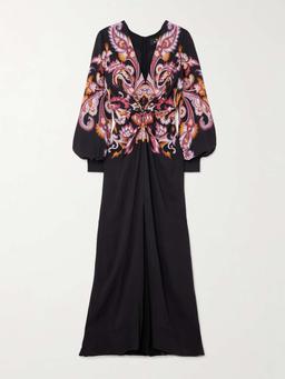 Gathered printed crepe de chine maxi dress