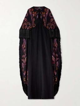 Cape-effect fringed paisley-print silk gown