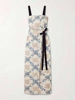 Cinefila Bougainvillea grosgrain-trimmed embroidered wrap-effect cotton and linen-blend midi dress