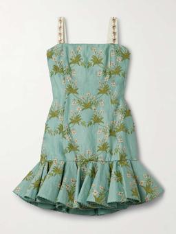 Tumbao Orquidea ruffled appliquéd embroidered linen mini dress