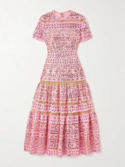 Tiered embroidered sequined tulle midi dress