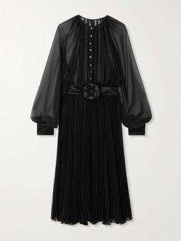 Satin-trimmed belted pleated chiffon midi dress