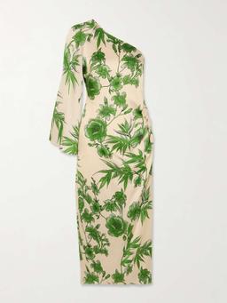 Atlantis one-shoulder embellished floral-print satin midi dress