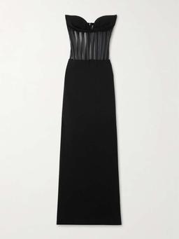 Strapless mesh-paneled crepe gown