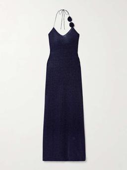 Lumière appliquéd metallic stretch-knit halterneck maxi dress