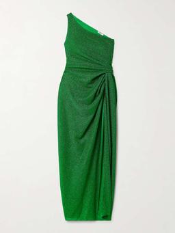 Lumière one-shoulder metallic stretch-knit midi dress