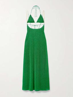 Lumière cutout chain-embellished metallic stretch-knit maxi dress