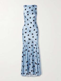 Open-back draped floral-print satin maxi dress