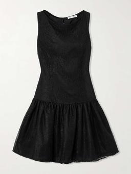 Velvet-trimmed bow-detailed gathered Chantilly lace mini dress