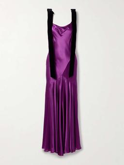 Tie-detailed velvet-trimmed paneled satin maxi dress